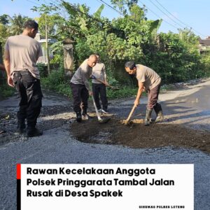 Kapolsek Pringgarata Bersama Warga dan Pemedes Gotong Royong Tambal Jalan Rusak di Desa Spakekan